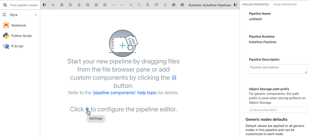 An empty pipeline in the Visual Pipeline Editor
