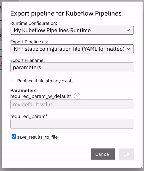 Configure pipeline export options with parameters